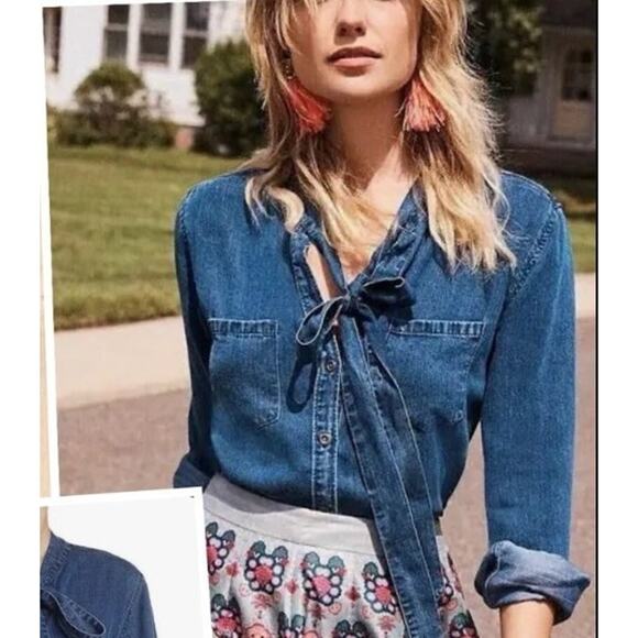 Rails Size Small S Rosalee Denim Chambray Dark Wash Tie Neck Long Sleeve Top - Picture 2 of 8